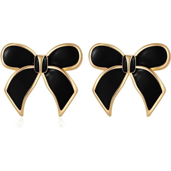 Elegant Black Bow Earrings – 18K Gold Plated, Chic and Shiny - Picture 2 of 6